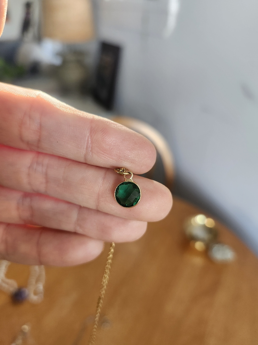 Delicate Gold Necklace with Emerald Green Faceted Pendant - Women Jewelry